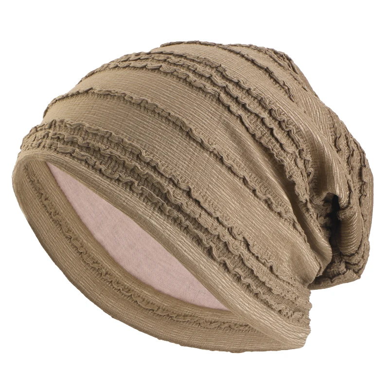 Neue doppellagige, plissierte Spitzen-Slouchy-Mütze, eleganter, geraffter Turban, Kopftuch, muslimischer Hijab, elastische, einfarbige Mütze, Chemio-Cap – Detail 7