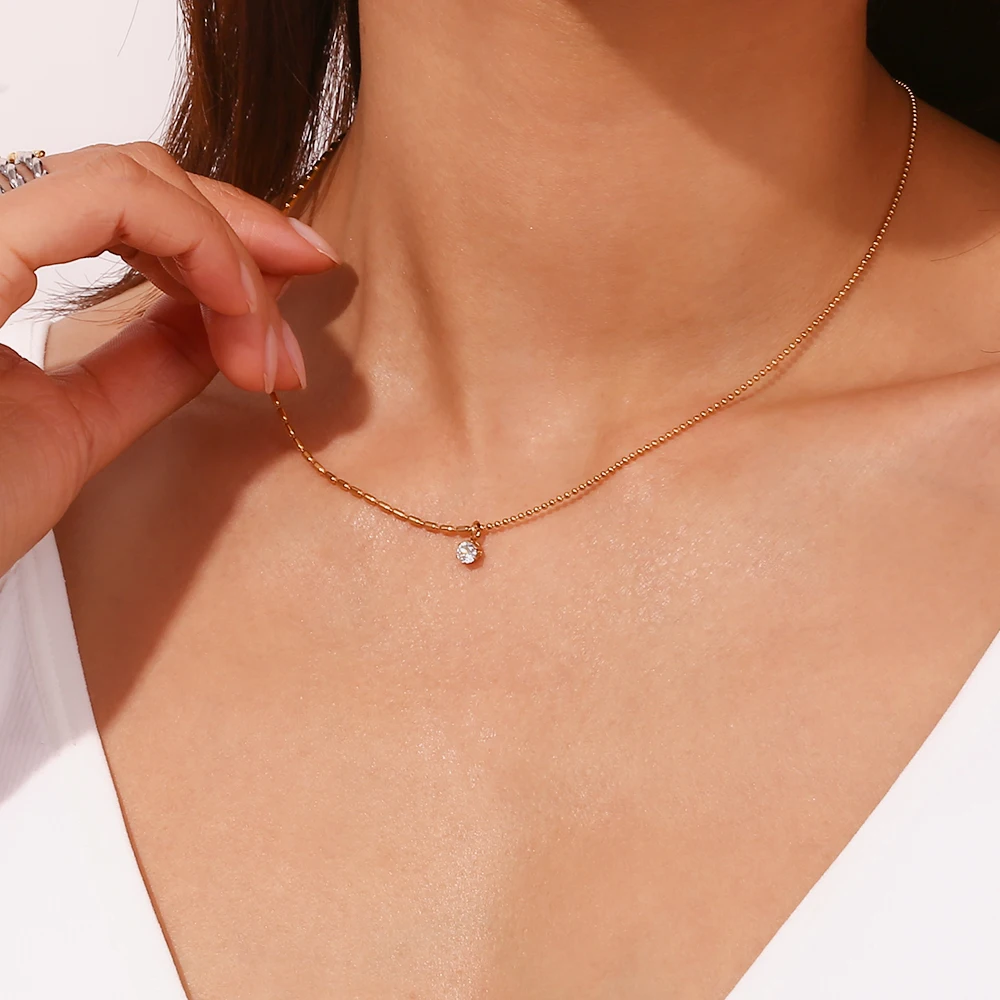 La. Muses Asymmetric Rice Bead Round Bead Chain Cubic Zirconia Pendant Stainless steel Women\'s Necklace High-end Jewelry Gift