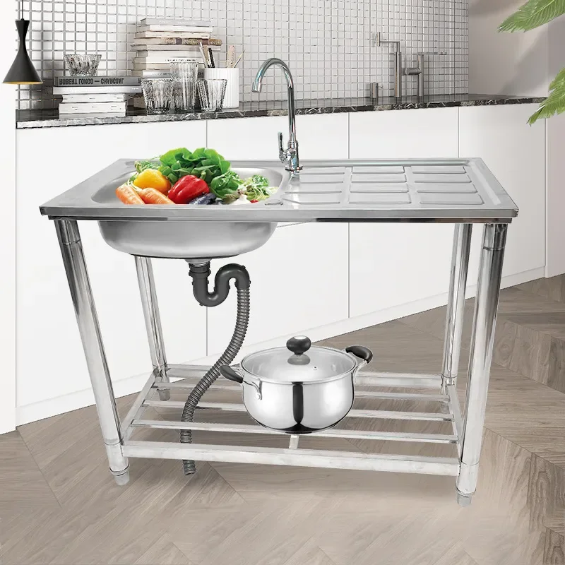 Stainless Steel Kitchen Sink Single Bowl with Drainboard Vegetable Washing Basin Modern Home Utility Wash Station