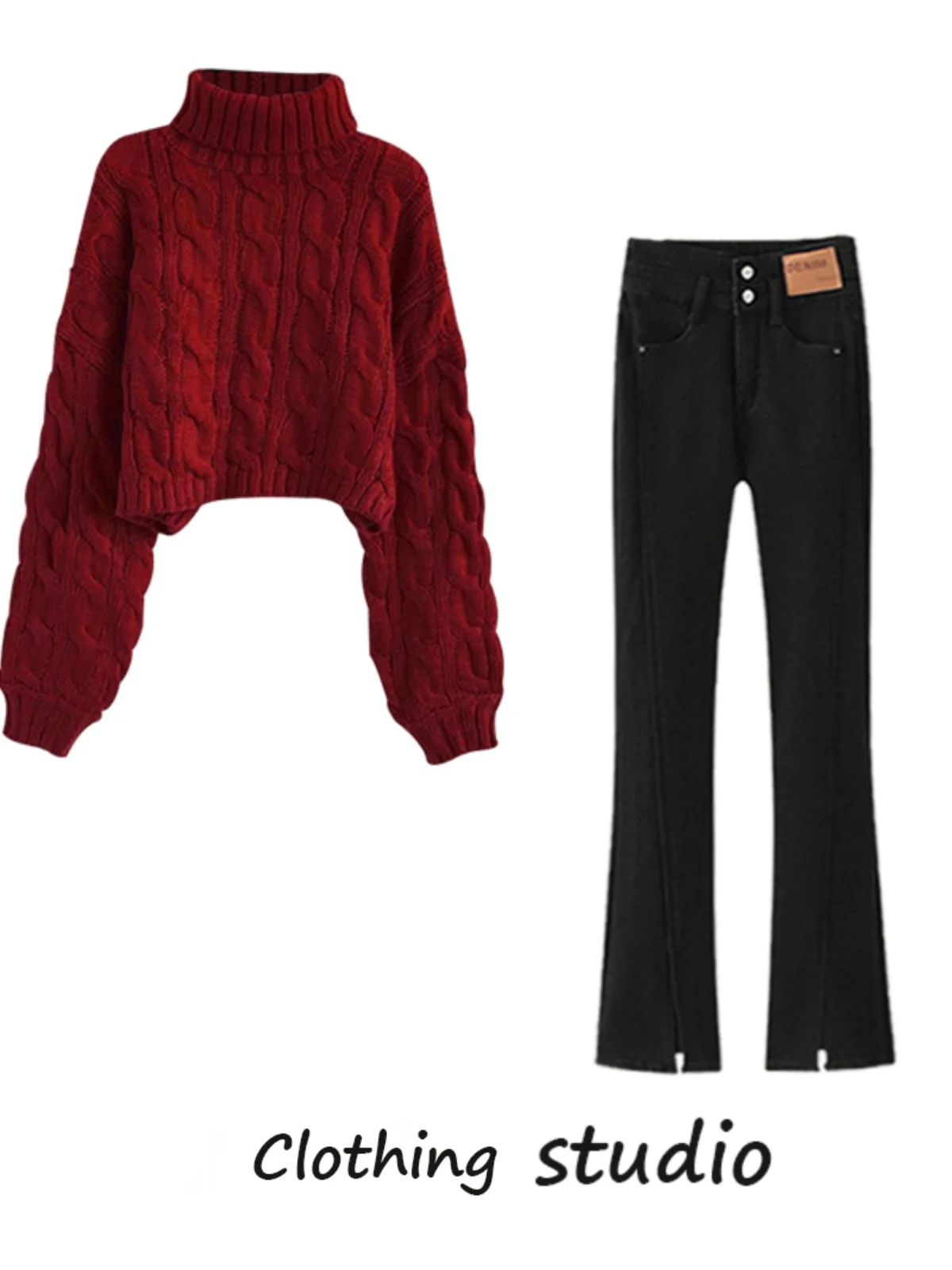 

Красный свитер и джинсы, комплект из двух предметов, винтажная новогодняя одежда для женщин, зимний ансамбль Faion, размер или