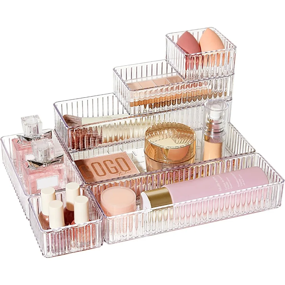 7 PCS clear drawer organizer bins, 4 size stackable makeup and dresser drawer organizer trays, cosmetics, office supplies