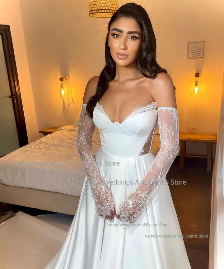 Verngo Simple A-line Wedding Dresses Sweetheart Long Detachable Sleeves Satin Lace 2024 Women Bridals Gowns Vestidos De Novia