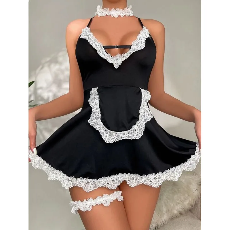 Sexy Cosplay Costumes Erotic Maid Dress For Couple Sex Honeymoon Lolita Chemise Exotic Role Playing Lingerie Set Sleepwear Lace