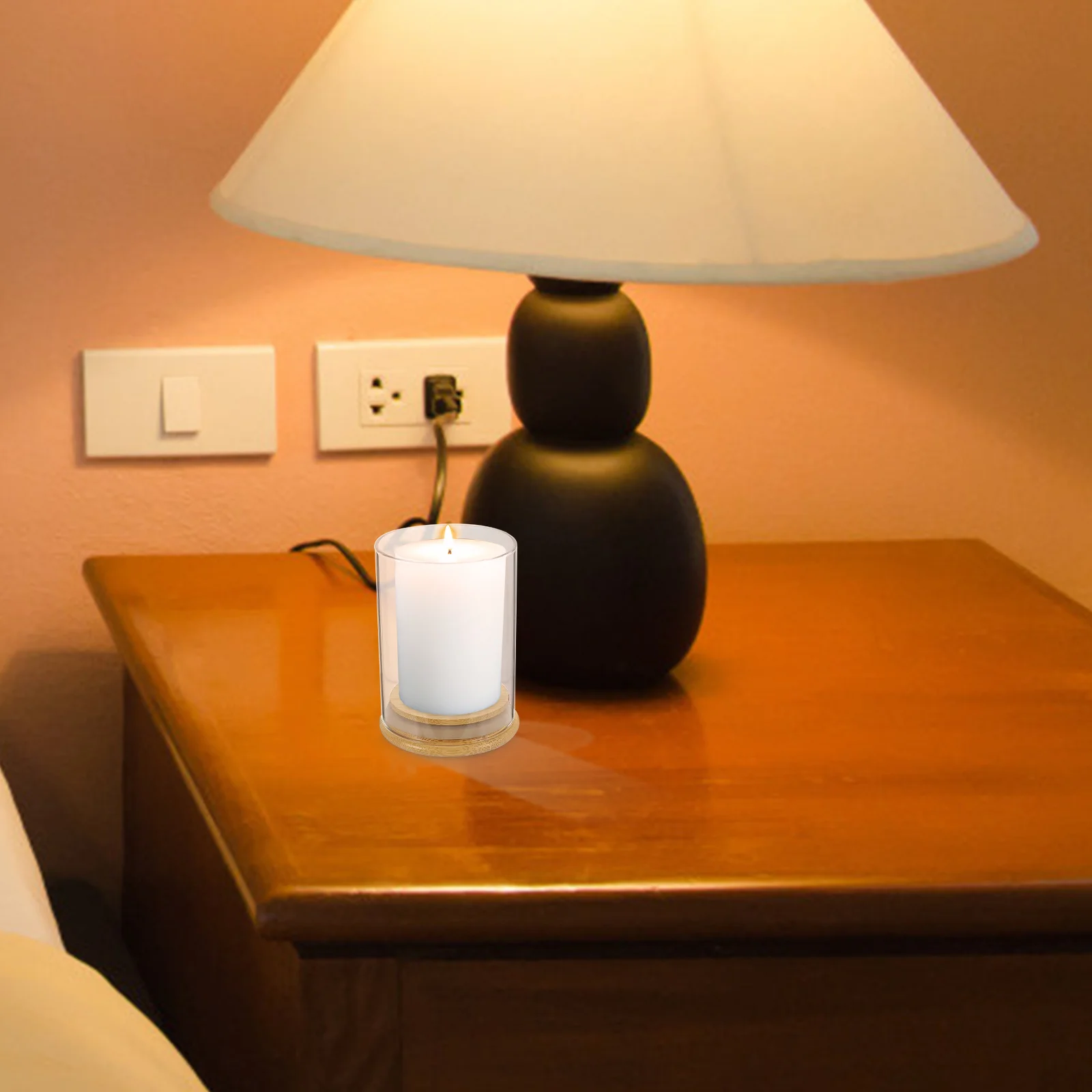 1 zestaw Wiatroodporny Stojak Szklany Klosz Otwarty z Bambusową Podstawą do Dekoracji Domu na Biurko Przezroczysta Osłona