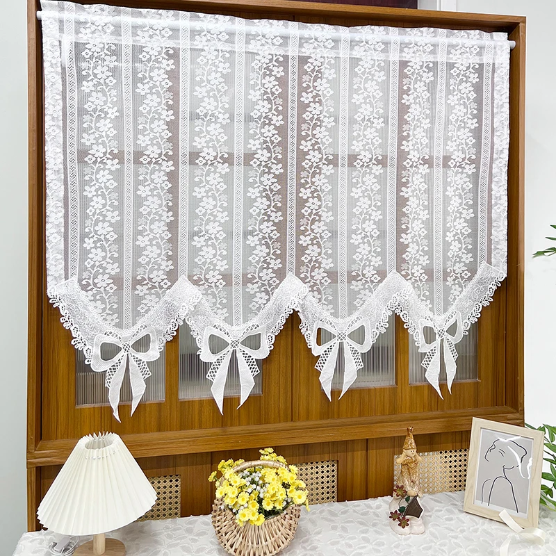 Korean Romantic White Striped Flower Lace Short Sheer Curtain with Bow Rod Pocket For Kitchen Cabinet Entrance Partition Decor