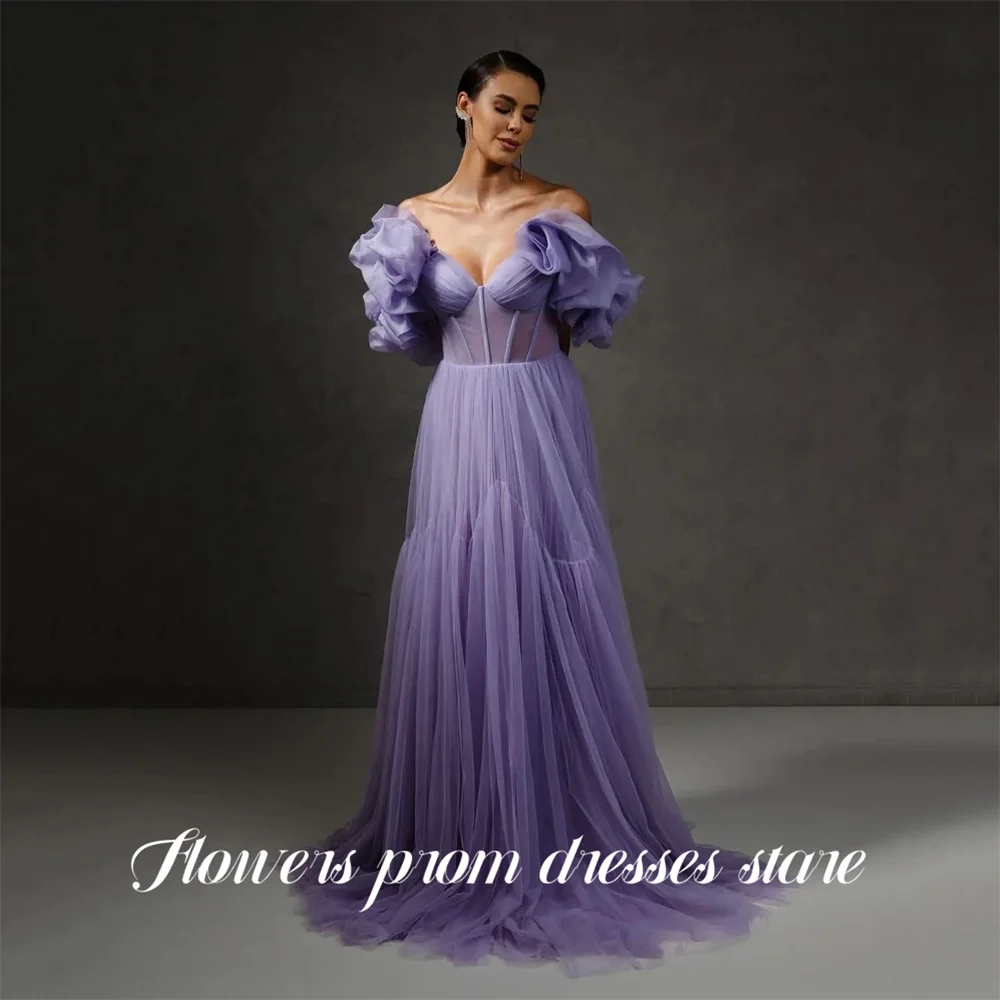 

Flowers Lilac 프롬 드레 Off the Shoulder Prom Gown Ruffled Evening Gown Tulle Party Dress A Line for Formal Event Customized