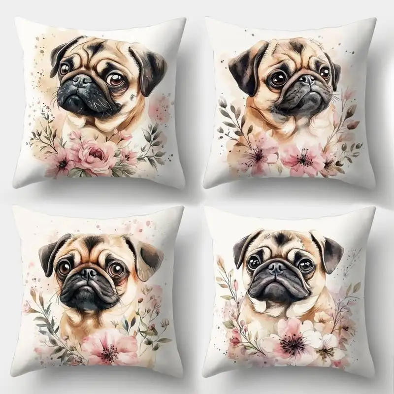 

Очаровательная наволочка с изображением мопса — наволочка с акварельным рисунком домашних животных и цветами для уютного декора для любителей собак