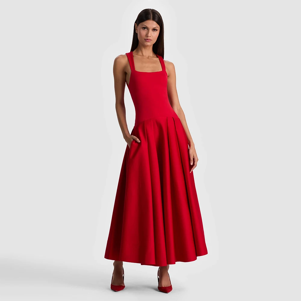 

Midi Cocktail Dresses Ankle Length A Line Tank Sleeveless Women's Cocktail Gowns with Pockets Pleated Modern Formal Party Dress