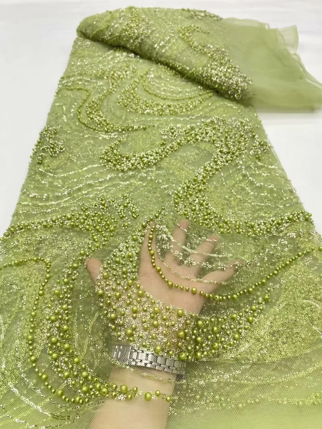 

African Sequins Lace Fabric Luxury Embroidery Green Beaded Mesh Lace 2025 Hot Sale For Wedding Dress And Clothing Women Fabric