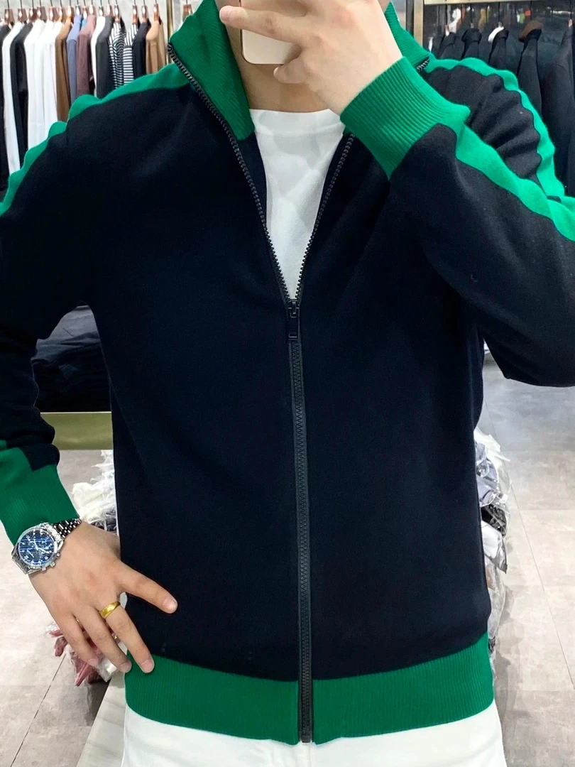

Модный мужской свитер-пальто с воротником-стойкой на молнии, облегающий, вязаный, осенняя новинка, высококачественный дизайн с цветными блоками и пэчворком