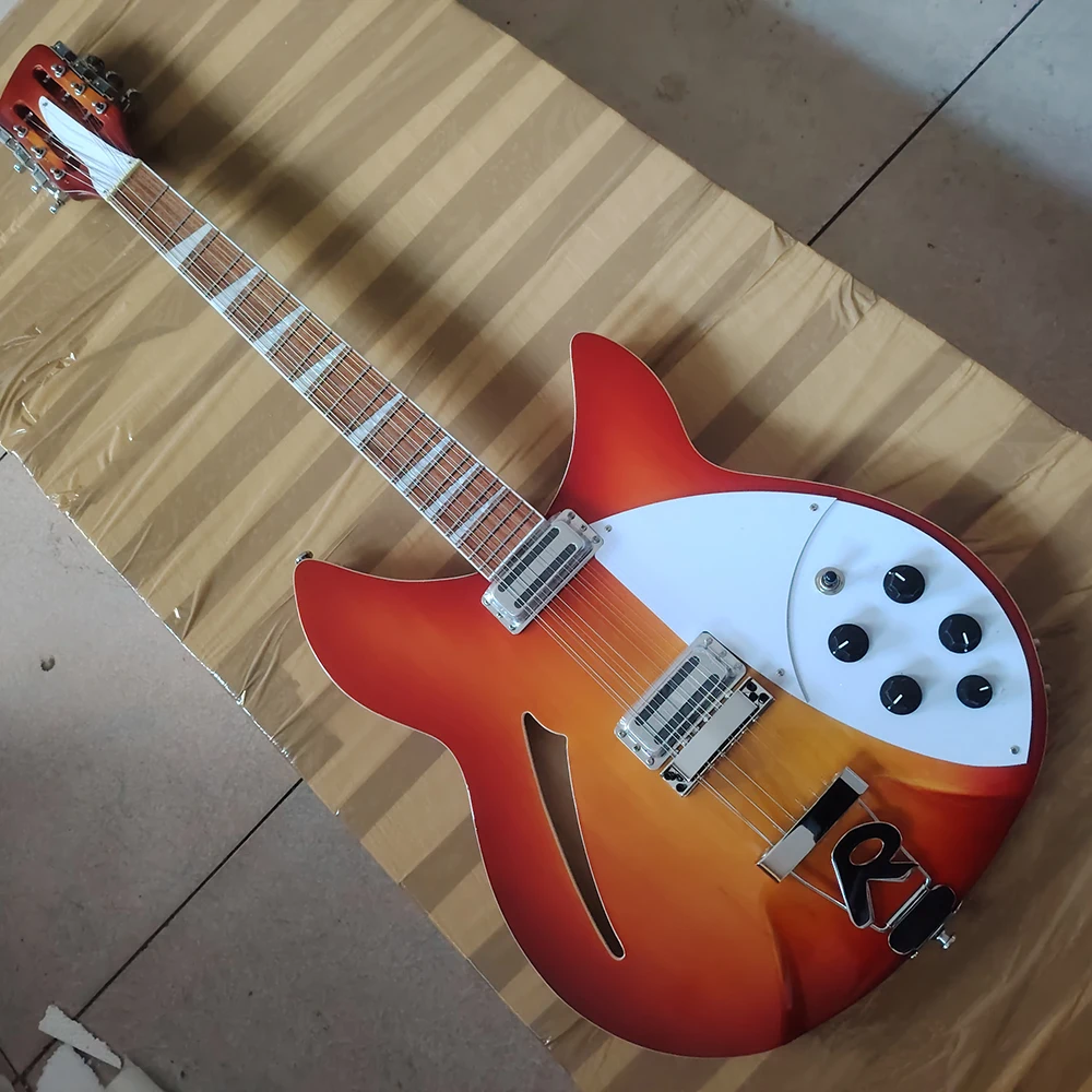 

12 string Ri ckenbacker360 red and yellow electric guitar in stock, R-shaped tail piece, round headed stainless steel frets,