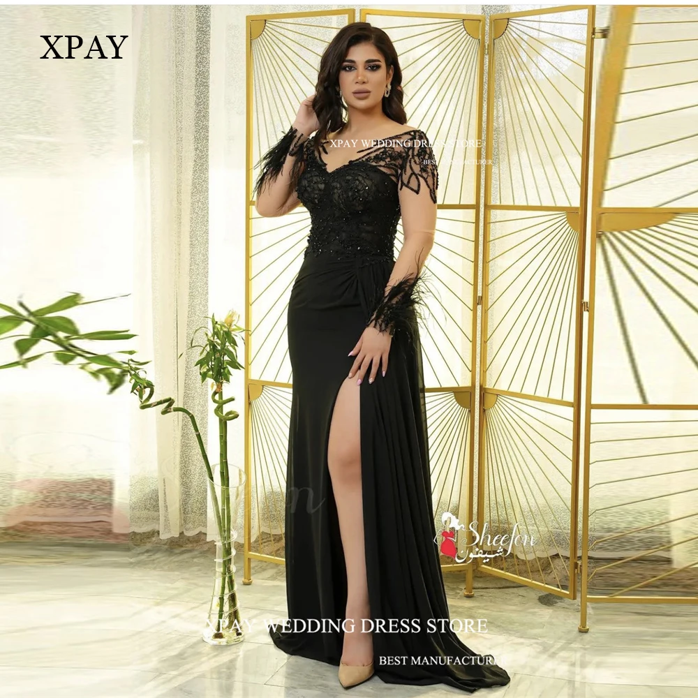 

XPAY Modern Black Dubai Arabic Women Mermaid Prom Dresses Feathers Lace ShinyLong Sleeves Chiffon Split Evening Gowns Plus Size