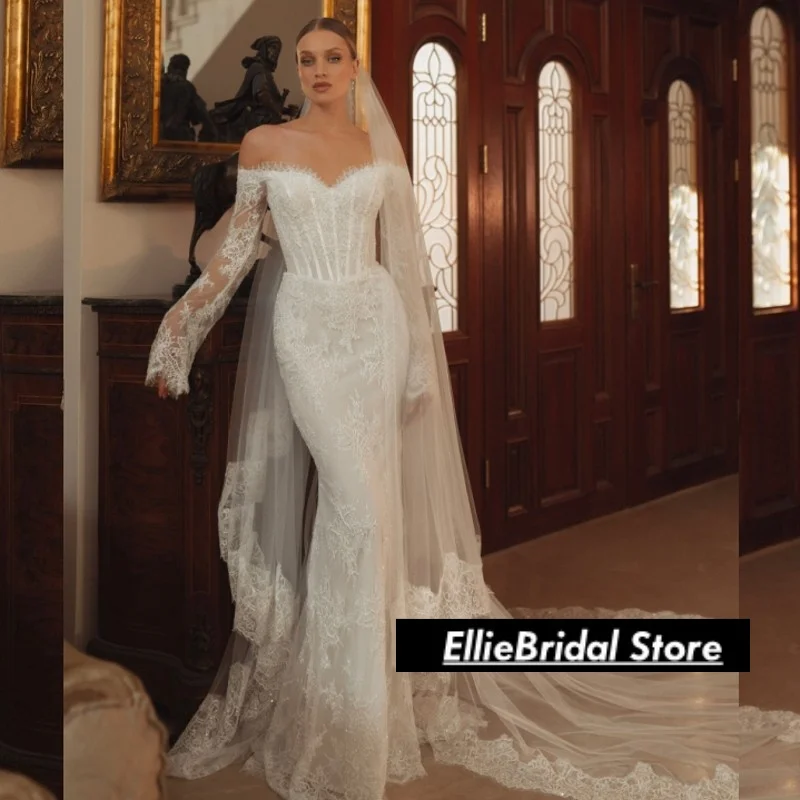 فساتين زفاف أنيقة مكشوفة الكتف مزينة بالدانتيل للنساء فساتين زفاف فاخرة مخصصة طويلة حورية البحر فيستدو دي نوفيا