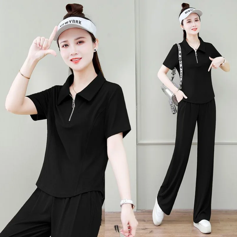 Fashion Lapel Short Sleeved T-shirt Women's Wide Leg Pants Two-piece Set, 2024 Spring/summer New Casual Sports Set