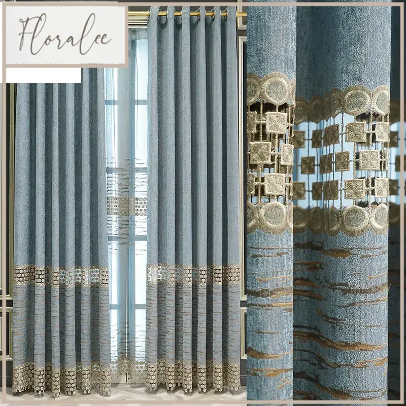 

Modern Chenille European Style Curtains For Living Room Bedroom Dining Water Soluble Hollow Embroidery Bule Window Curtain