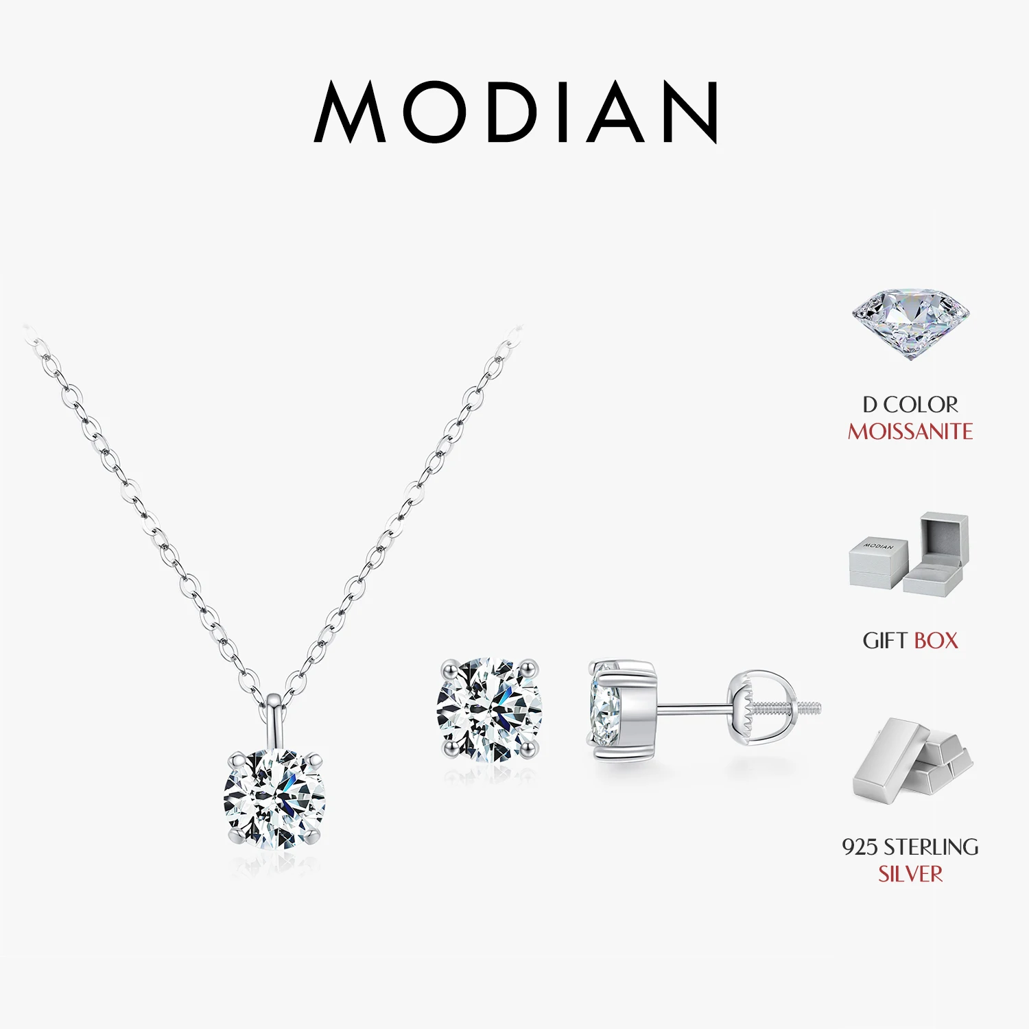 MODIAN Dazzling D Color Moissanite 925 Sterling Silver Round Pendant Necklace Stud Earrings For Women Wedding Fine Jewelry Set