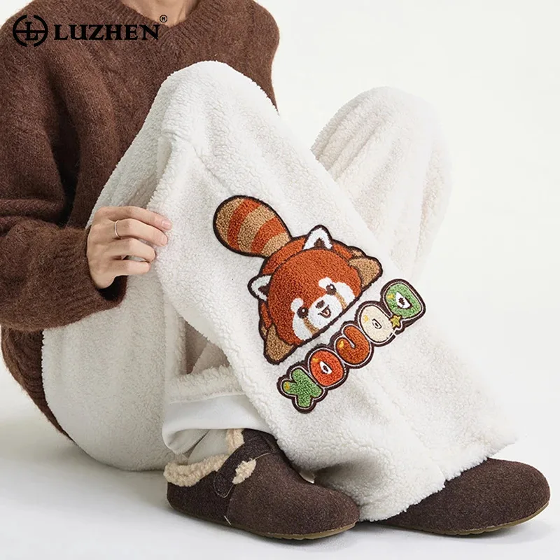 LUZHEN 2026 Winter New Cartoon Pattern Embroidery Fleece Warm Straight Casual Pants Men Fashion Elegant Handsome Trousers JY9380