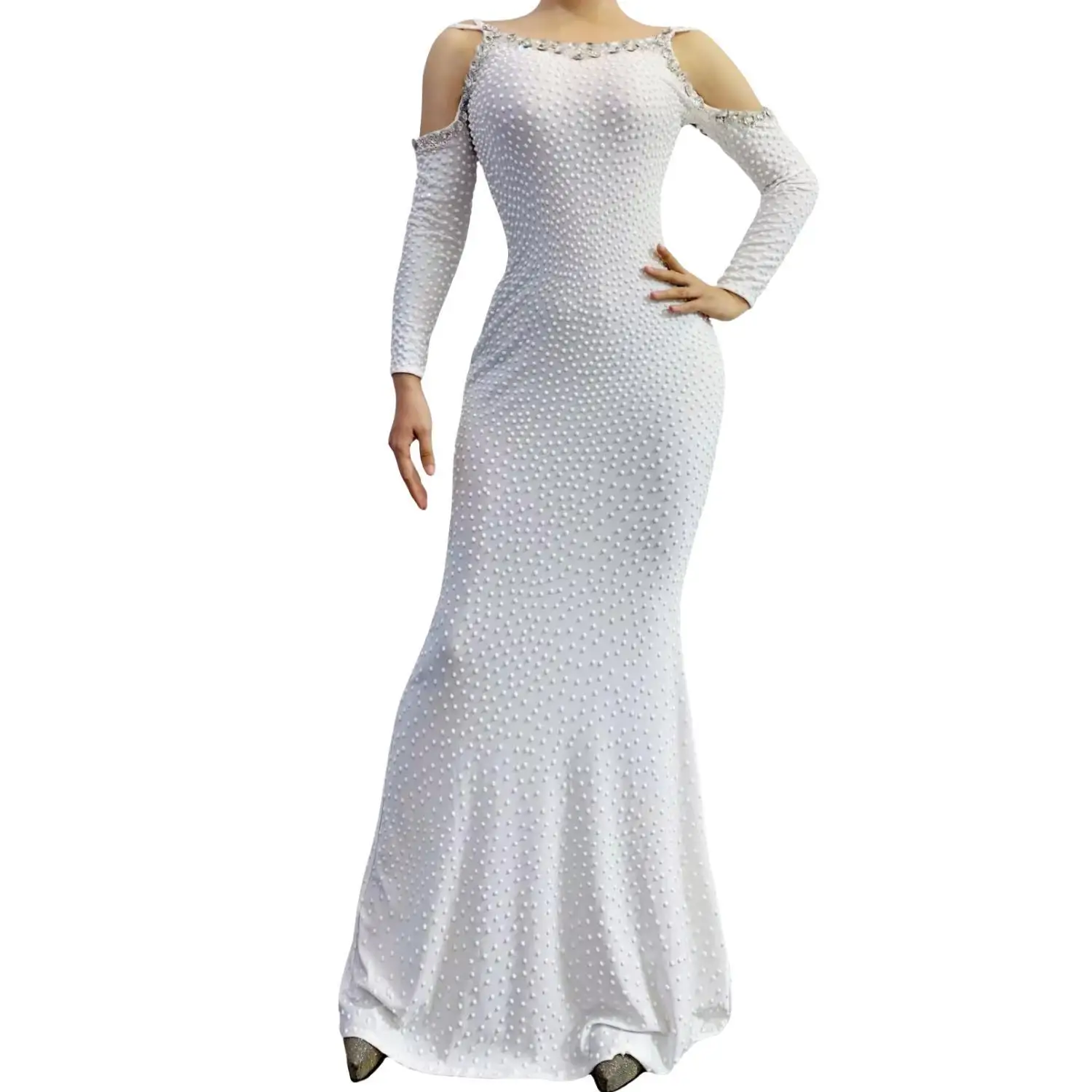 Dabaitian Sparkly White Pearl Off Shoulder Long Sleeve Mermaid Dress Formal Evening Gala Red Carpet Party Gown for Women