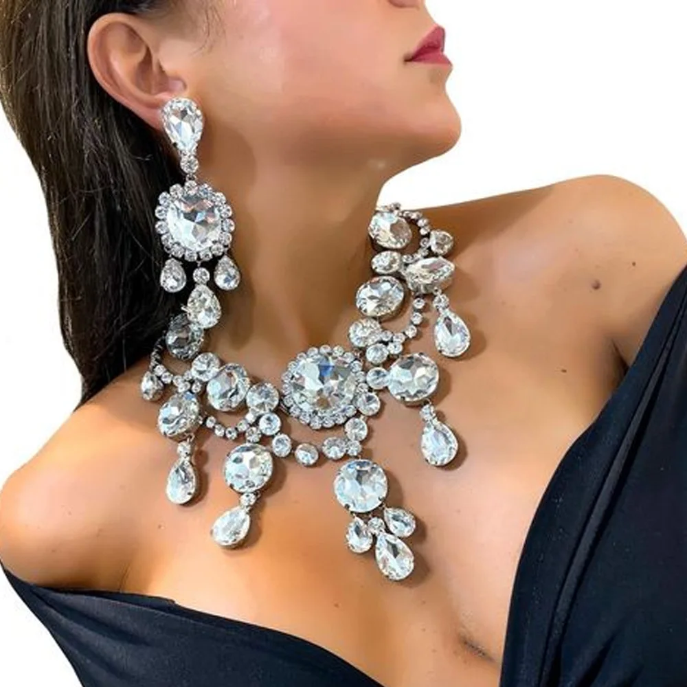 

Gorgeous Crystal Big Round Stone Necklace Earrings Jewelry Set for Womem Rhinestone Wedding Lagre Water Drop Pendant Necklace