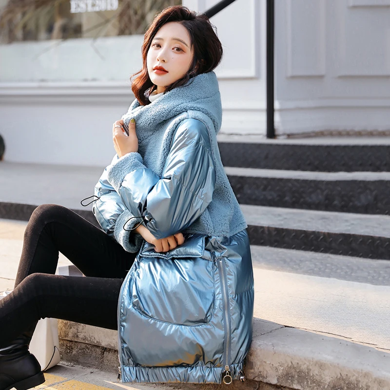 

Imported Australian Wool Fur Jackets Women Bright Face Down Cotton Outwear Female Elegant Patchwork Parkas Ladies Winter Coat
