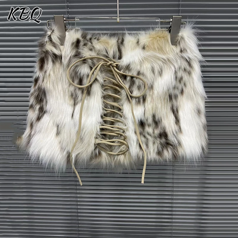 

KBQ Spliced Lace Up Environmentally Friendly Fur Imitation Skirts for Women High Waist Leopard Print Short Skirt Female Style