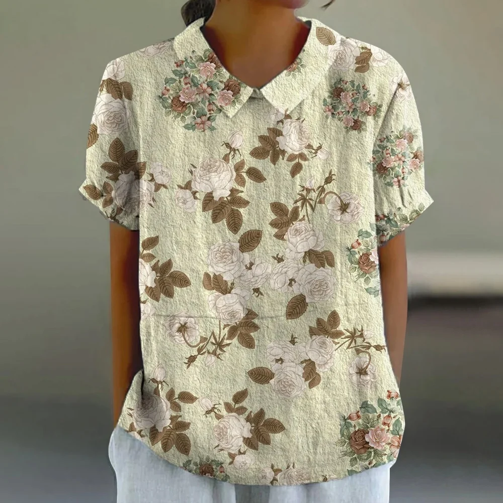 Женский летний новый топ, модная китайская рубашка с принтом бамбука и конопли, повседневная удобная рубашка с коротким рукавом и воротником, женские блузки