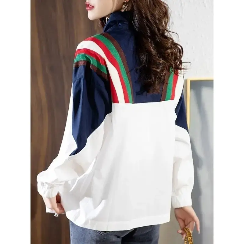 Korean Varsity Women Sunscreen Bomber Jacket Spring Summer Thin Striped Contrast Color Fashion Harajuku Loose Zipper Casual Coat