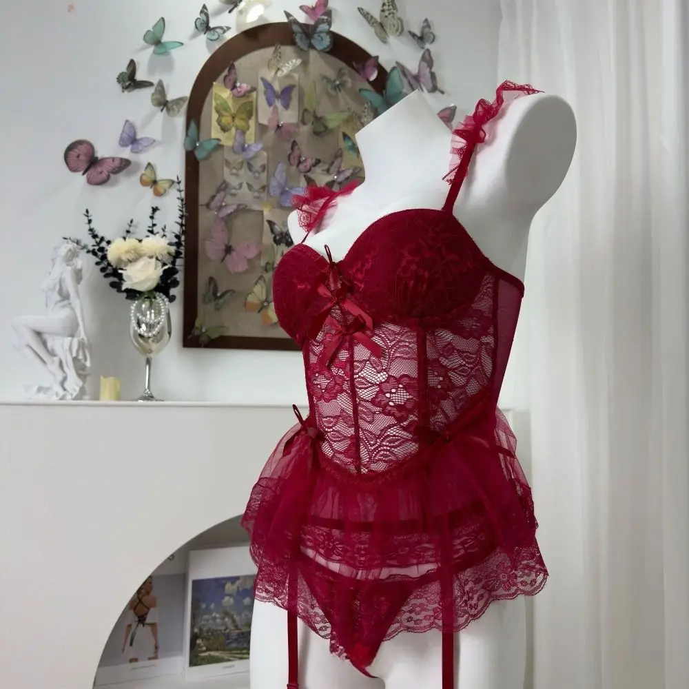 

Sweet Bowknot Lace Lingerie Women Flounce Transparent Lace Sling Nightdress Nightwear Mesh See Through Night Dress Home
