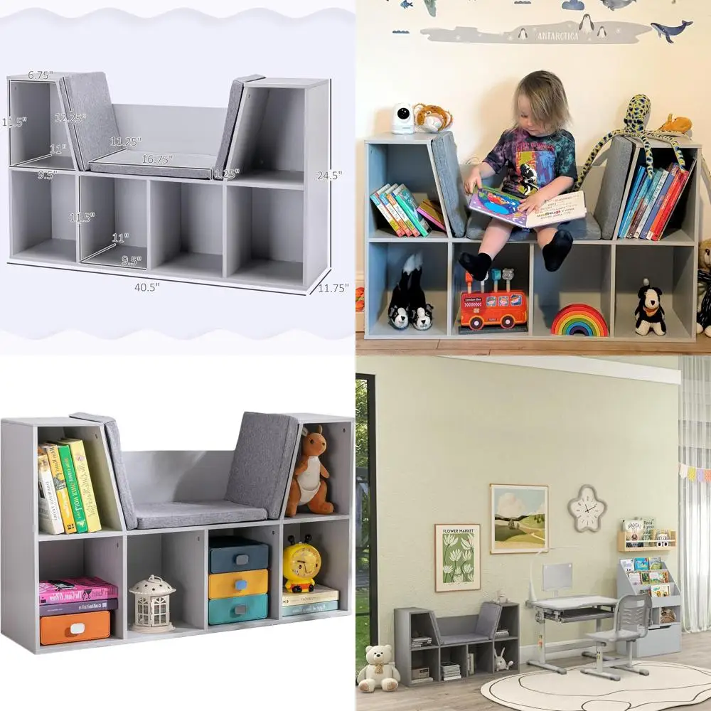 

6-Compartment Kids Bookshelf with Reading Corner and Cushion, Grey, Multi-Functional Storage for Rooms