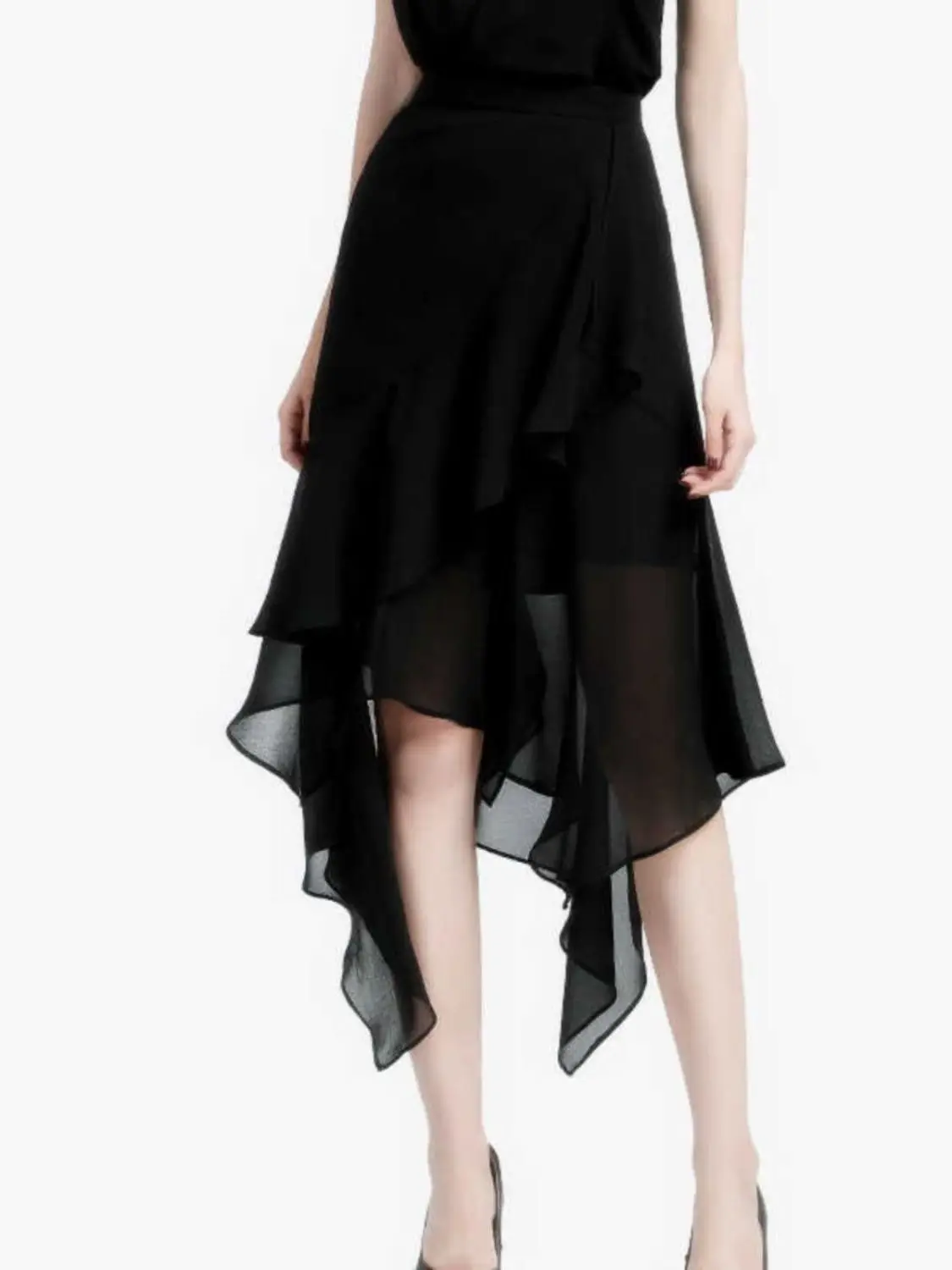 Elegant Asymmetrical Chiffon Midi Skirt for Women Beautiful Black Slimming High Waist Summer New Style Girl's Pleated Skirt