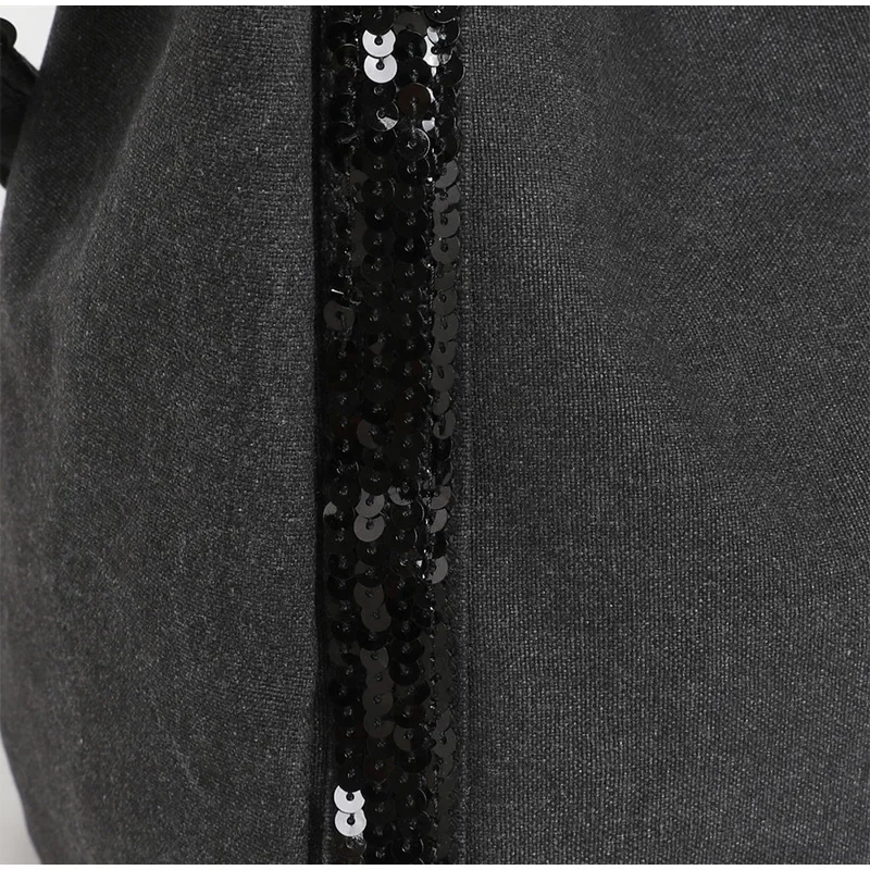 Pailletten-Canvas-Einkaufstasche mit Reißverschluss, große Kapazität, Vintage-Kontrastfarbe, Damen-Umhängetasche, Designer-Pendler-Alltagshandtasche, Schwarz – Detail 17