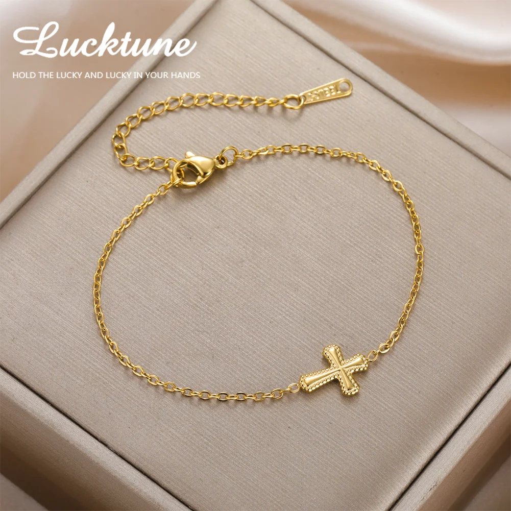 Lucktune الصليب سحر أساور الفولاذ المقاوم للصدأ المرأة المسيحية أساور اليد موضة الذهب اللون تميمة مجوهرات هدايا الحفلات