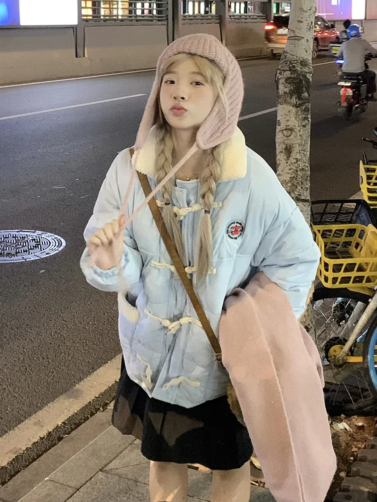 

Однобортная женская куртка с воротником с лацканами, свободная и универсальная толстая, милая, свободная, корейская версия, теплая хлопковая куртка