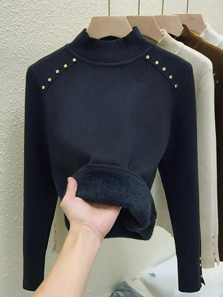 

Женский утепленный свитер с высоким воротником на флисовой подкладке, зимний, модный, теплый, базовый слой, прямой крой, длинный, для ношения под одеждой