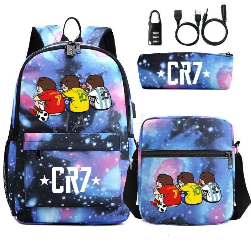 Fashion 3 Pcs/Lot Football CR7 Backpack 3D Printe Teens Shoulder Bags Women Men High School Students School Bags