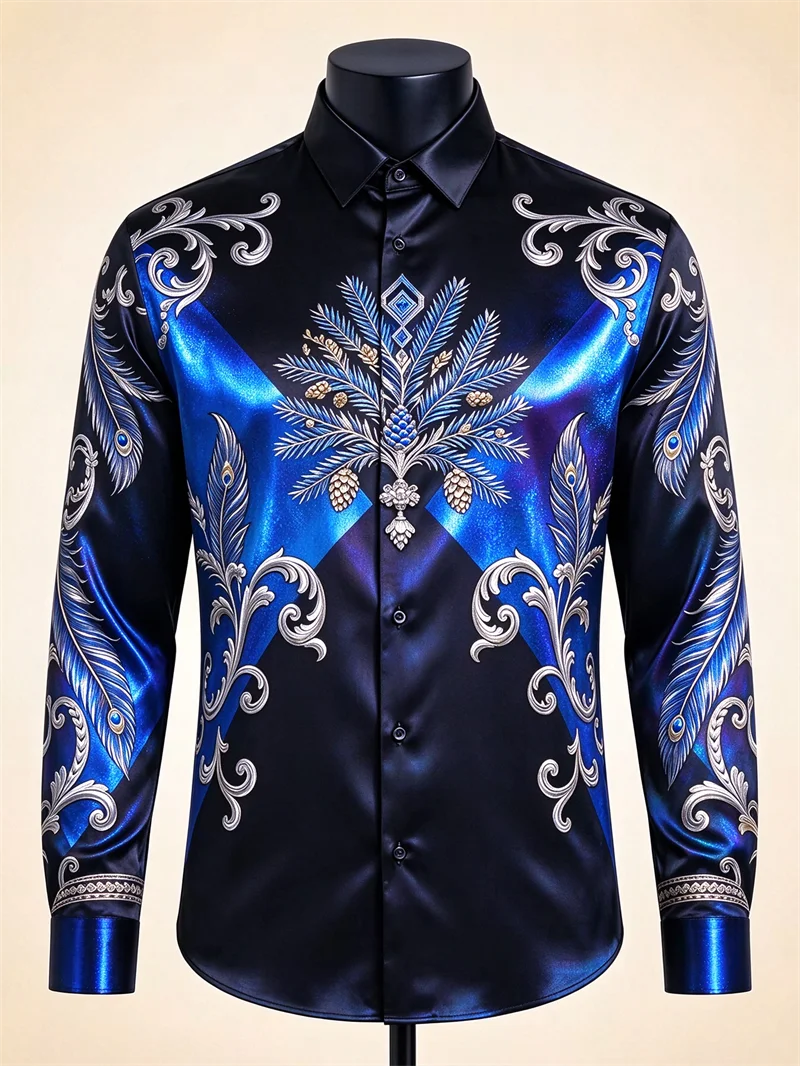 New men's shirt with blue purple satin, gold and silver rolls, grass pattern, diamond totem print, slim fit shirt