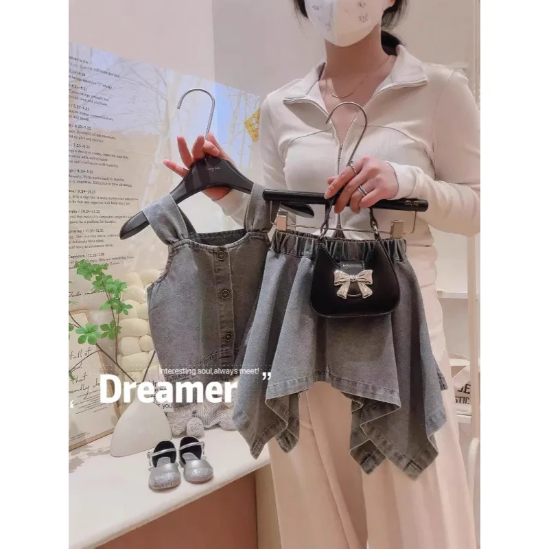 

Children's Set New Summer Girl Baby Stylish Denim Strap Vest Top+Irregular Skirt Two-Piece Set Trendy