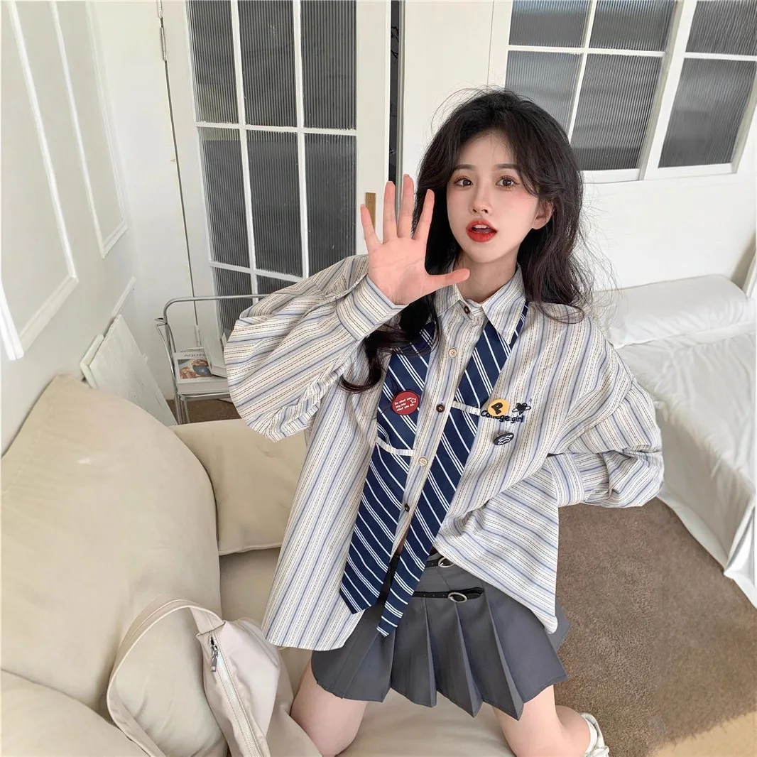 New Japanese Sweet Women Striped Shirts Cute Loose College School  Girls Long Sleeved Blouse Fashionable Teenage Tie Top  ﻿