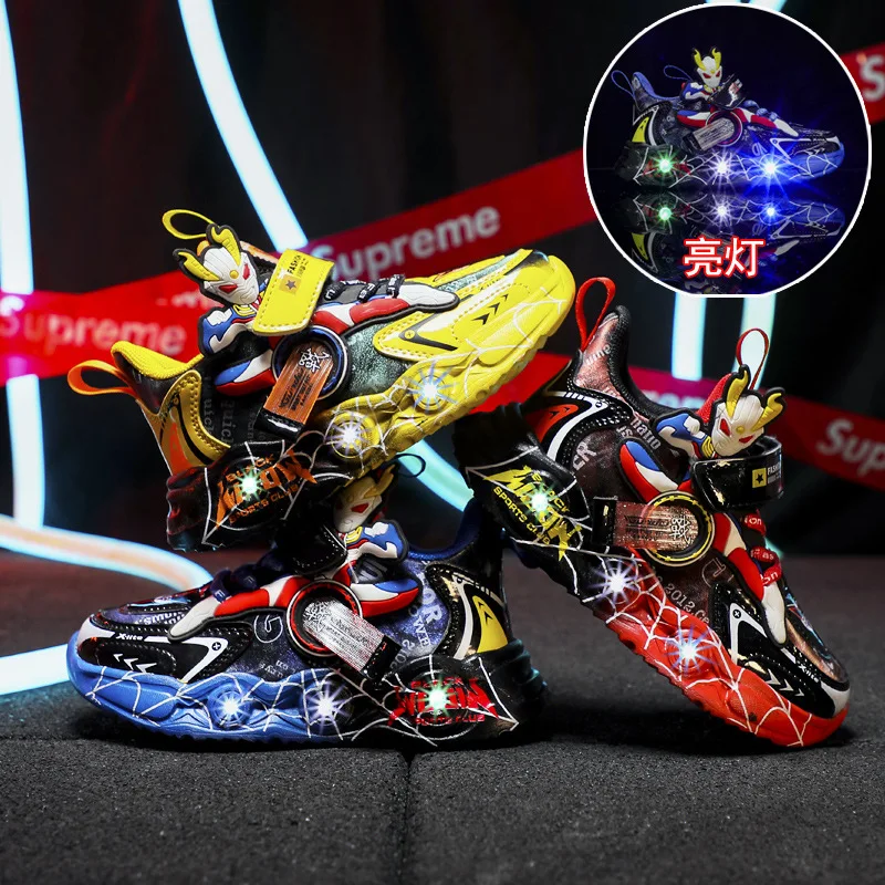 Rotating Button Boy Shoes Sports Running Shoes Kid Sneakers Led Lighting Casual Trainers New Breathable Children Toddler Shoes