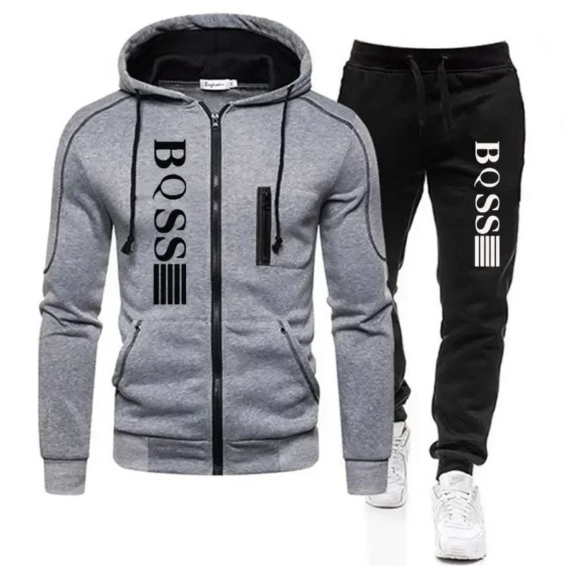 Spring autumn new men's fashion printed zipper long-sleeved cardigan hoodie Casual fitness jogging blazer + 2 sets of trousers