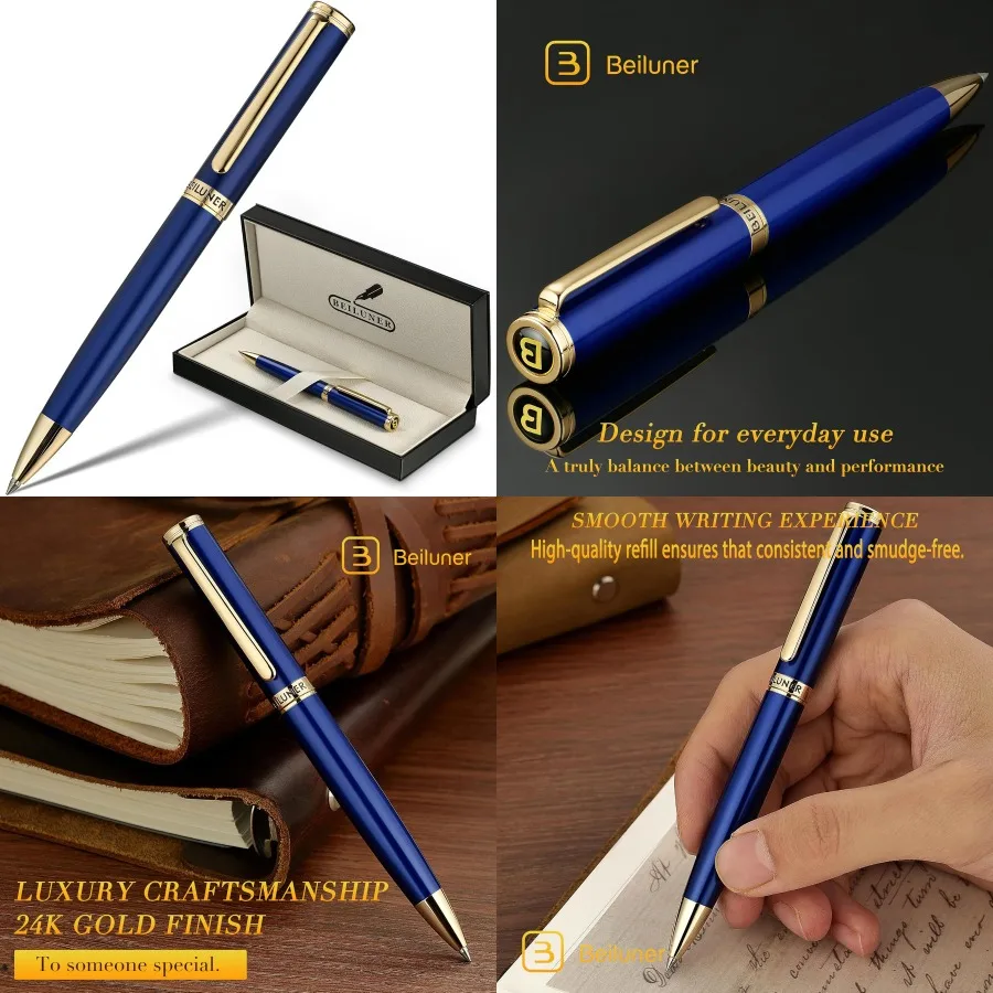 

BEILUNER Blue Lacquer Gel Pen with 24K Gold Finish and ADMOK Black Refill - Elegant Retractable Luxury Writing Instrument Perfe