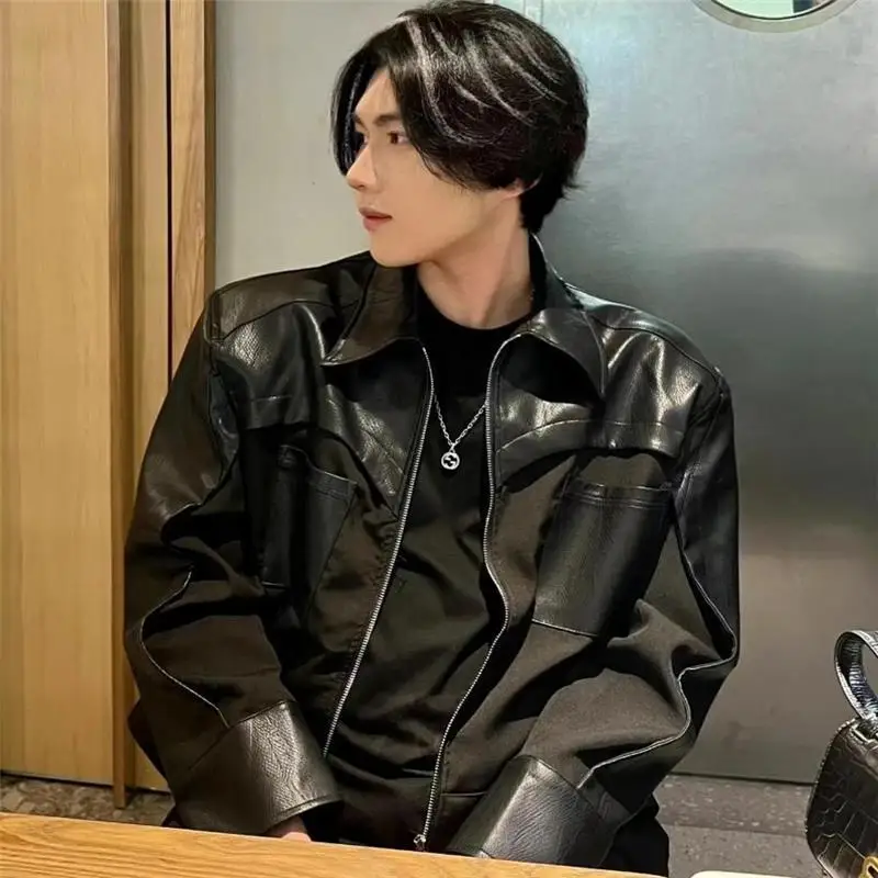 

Мужская куртка из искусственной кожи, весенне-осенний дизайн, деконструированное мотоциклетное пальто Sli, модный бренд, свободная посадка, Long Sve