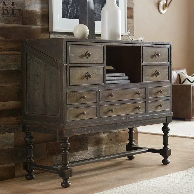 

Nordic oak solid wood chest French antique old loc ker bed room re tro sto rage cabinet stu dy offi ce desk