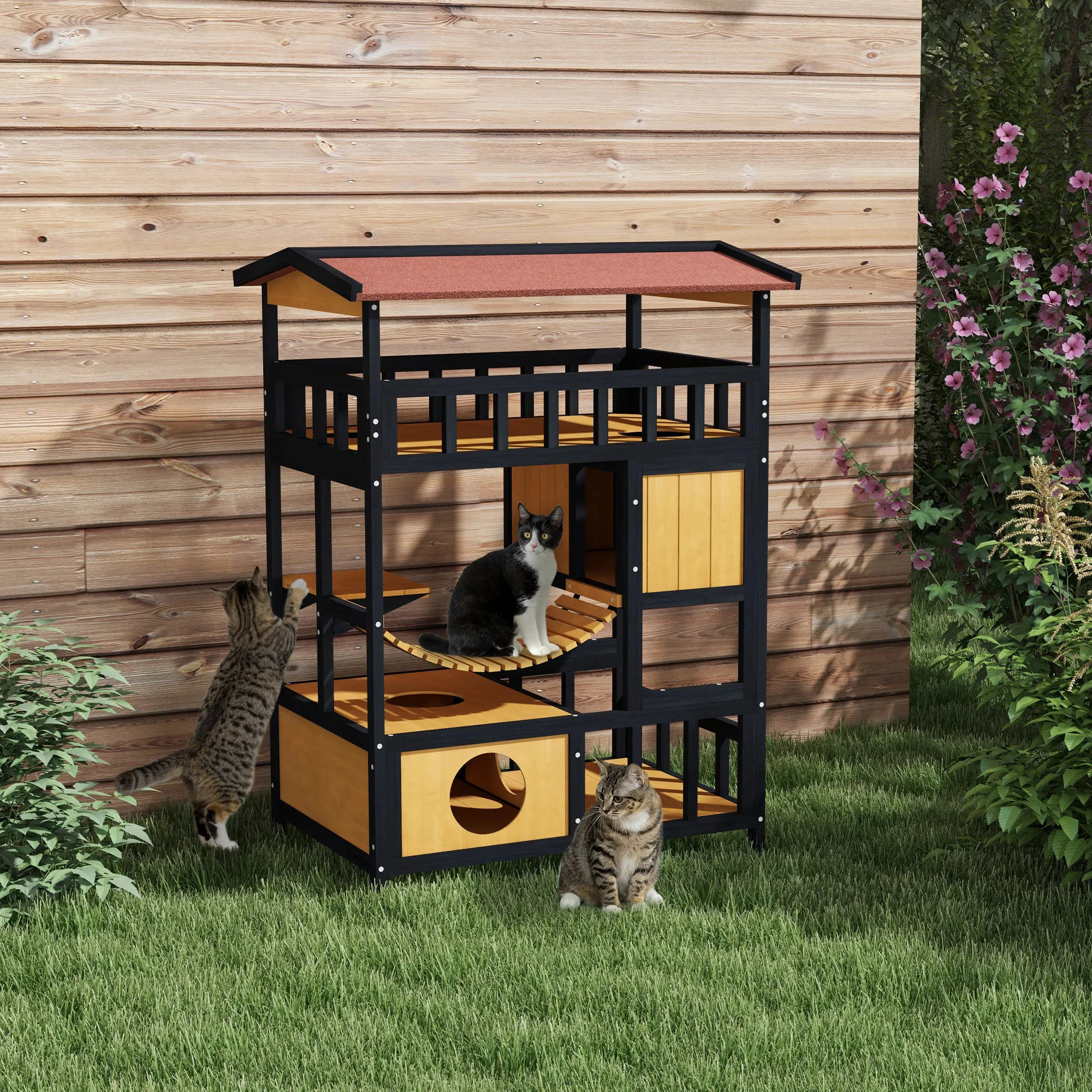 Pawhut Holz katzen schuppen 84x60x116 cm mit natürlicher Hängebrücke