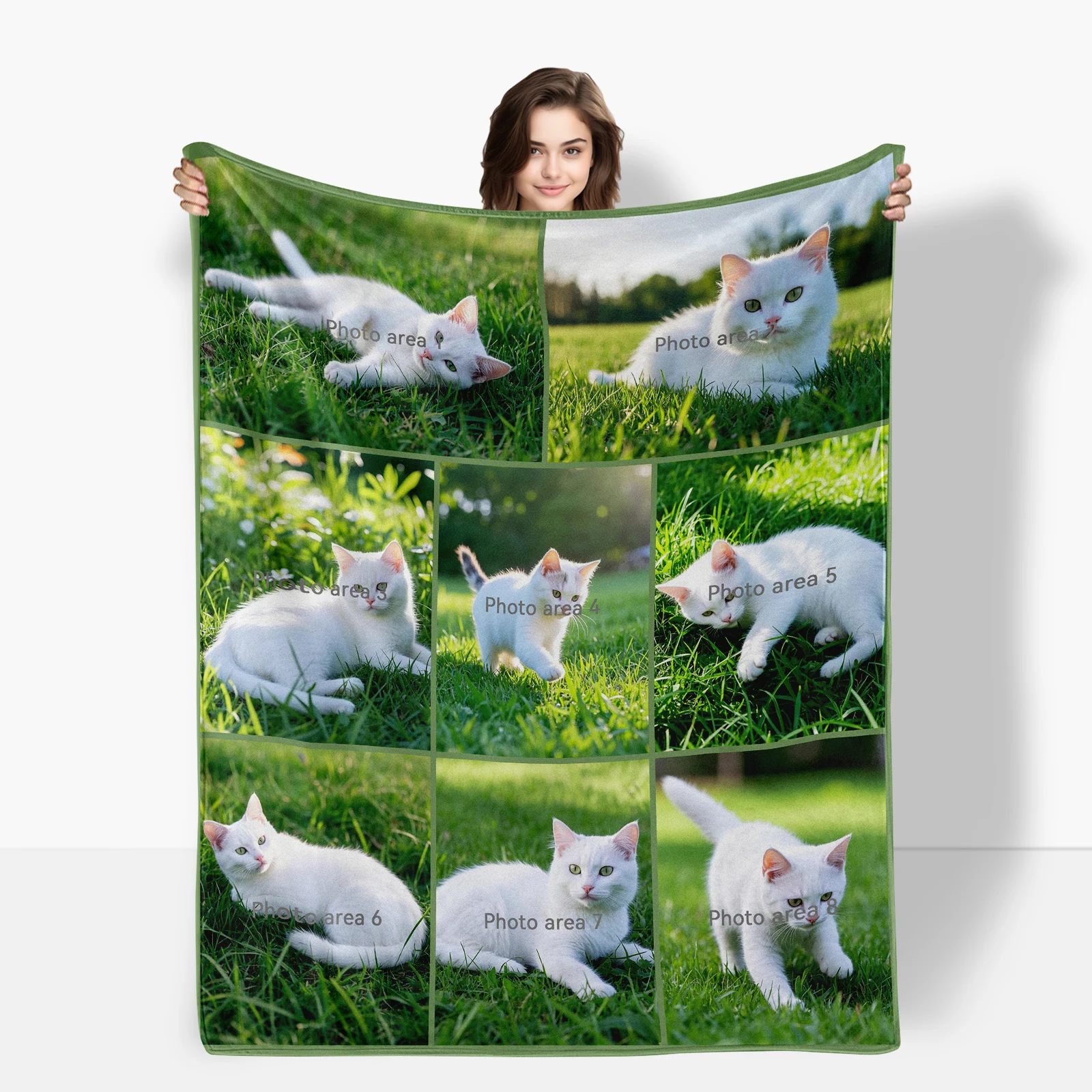 Unieke flanellen deken voor familie en vrienden met maximaal acht gepersonaliseerde kattenbeelden