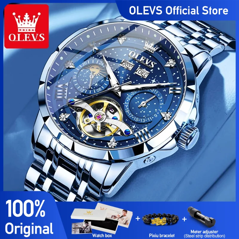 OLEVS Men\'s Watches Classic Multifunction Calendar Automatic Menchanical Wristwatch for Man Hollow Flywheel Moon Phase Date