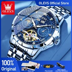 OLEVS Men's Watches Classic Multifunction Calendar Automatic Menchanical Wristwatch for Man Hollow Flywheel Moon Phase Date