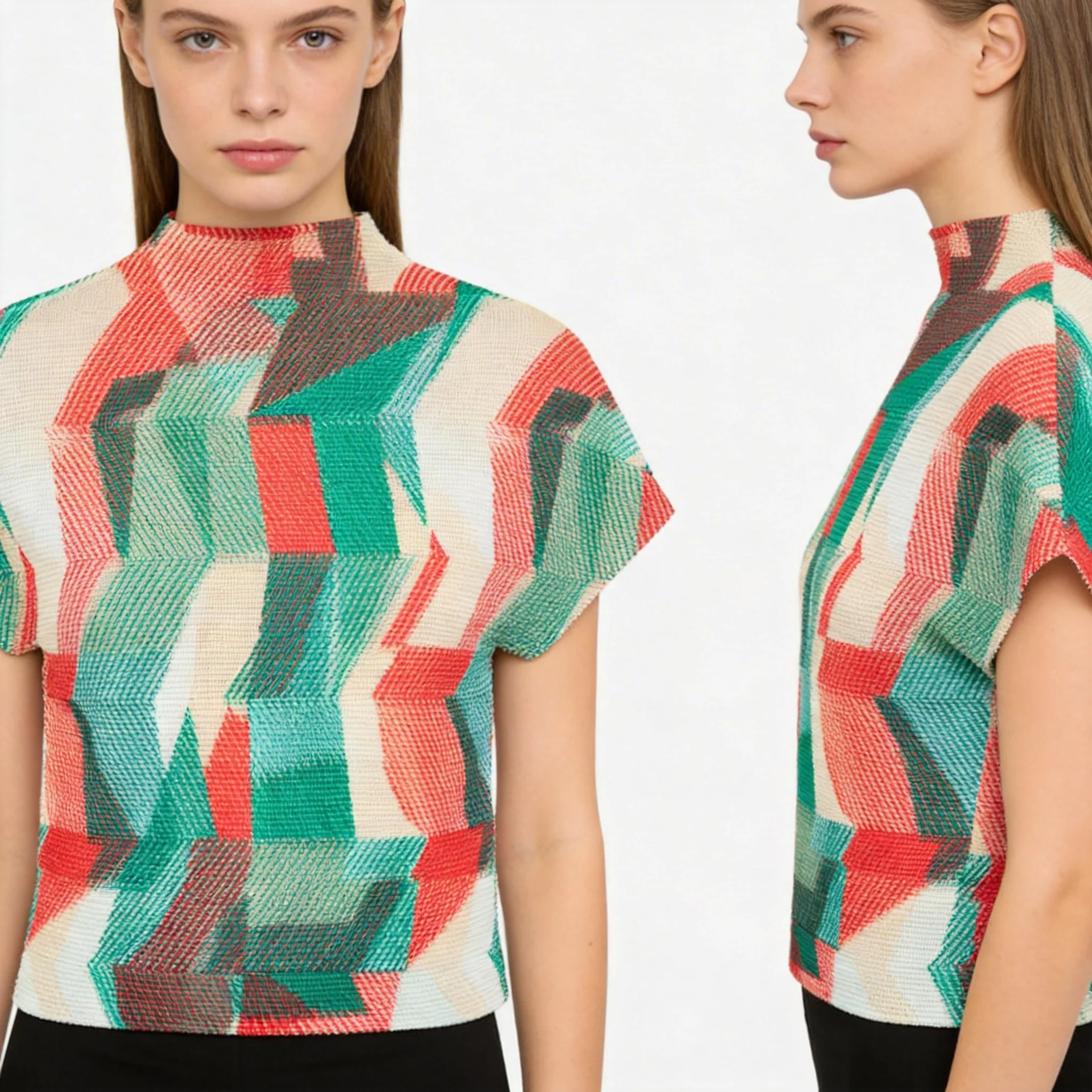 

Miyake Women's Cornfold Tight Printed T-Shirt Thin Pullover Half Turtle Neck Short Sleeve Fashion Women's 2026 Summer Tops
