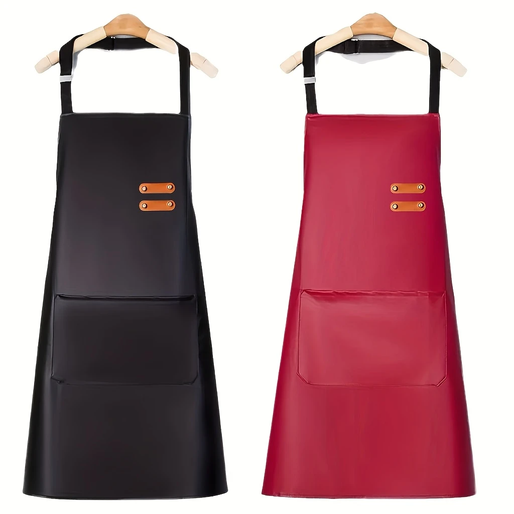 Waterproof Pu Apron With Pockets Adjustable Neck Strap Oil Proof Stain Resistant Ideal Kitchen Pet Grooming Barber Shop Use