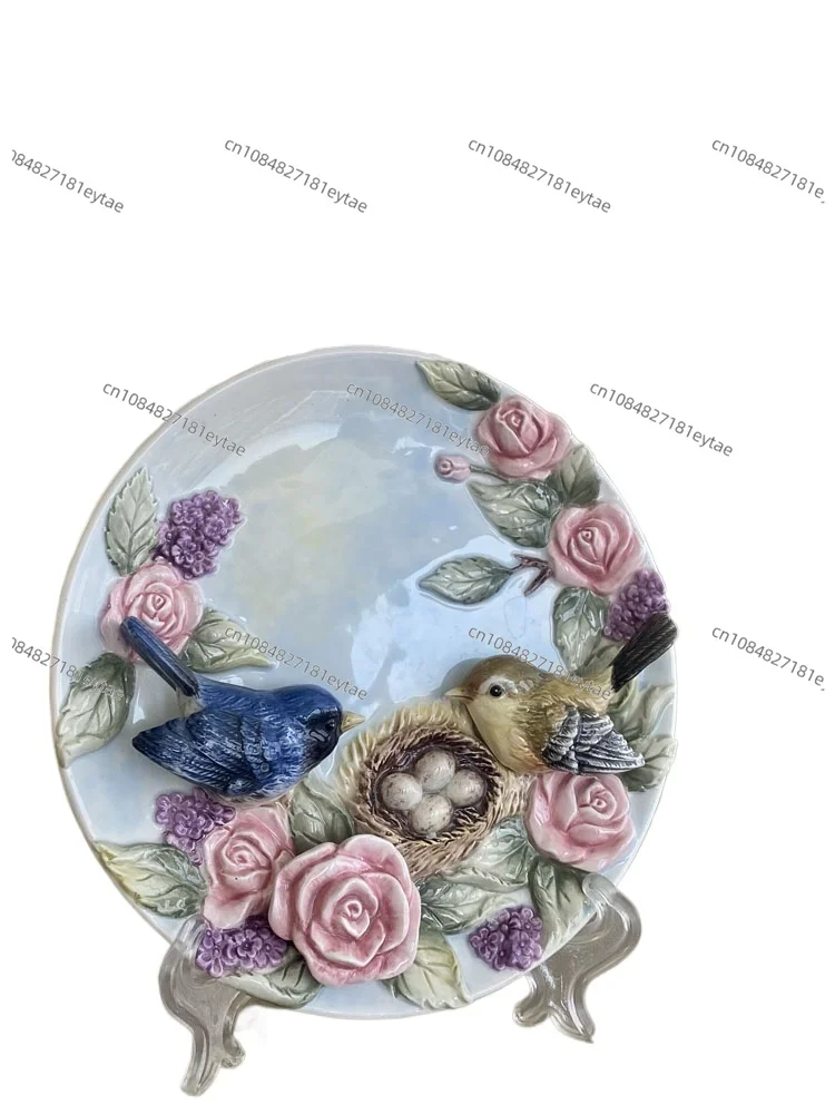 3D Red Rose Bird Lover Decorative Wall Dishes Porcelain Decorative Plates Home Decor Crafts Room Decoration Accessories Figurine